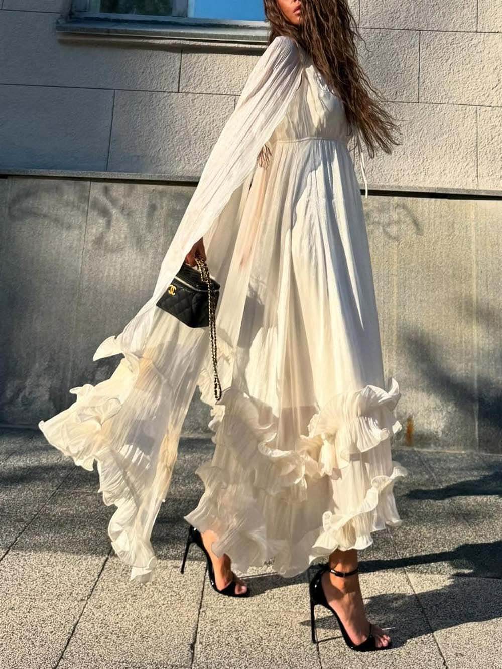 Exquisite Fashionable V-neck Lace-up Ruffled Double-layer Hem Maxi Dress
