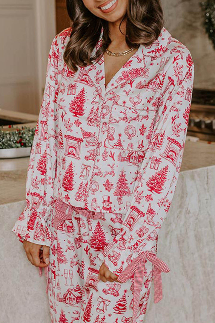 Christmas Print Satin Loose Shirt and Elastic Waist Pocketed Pajama Set