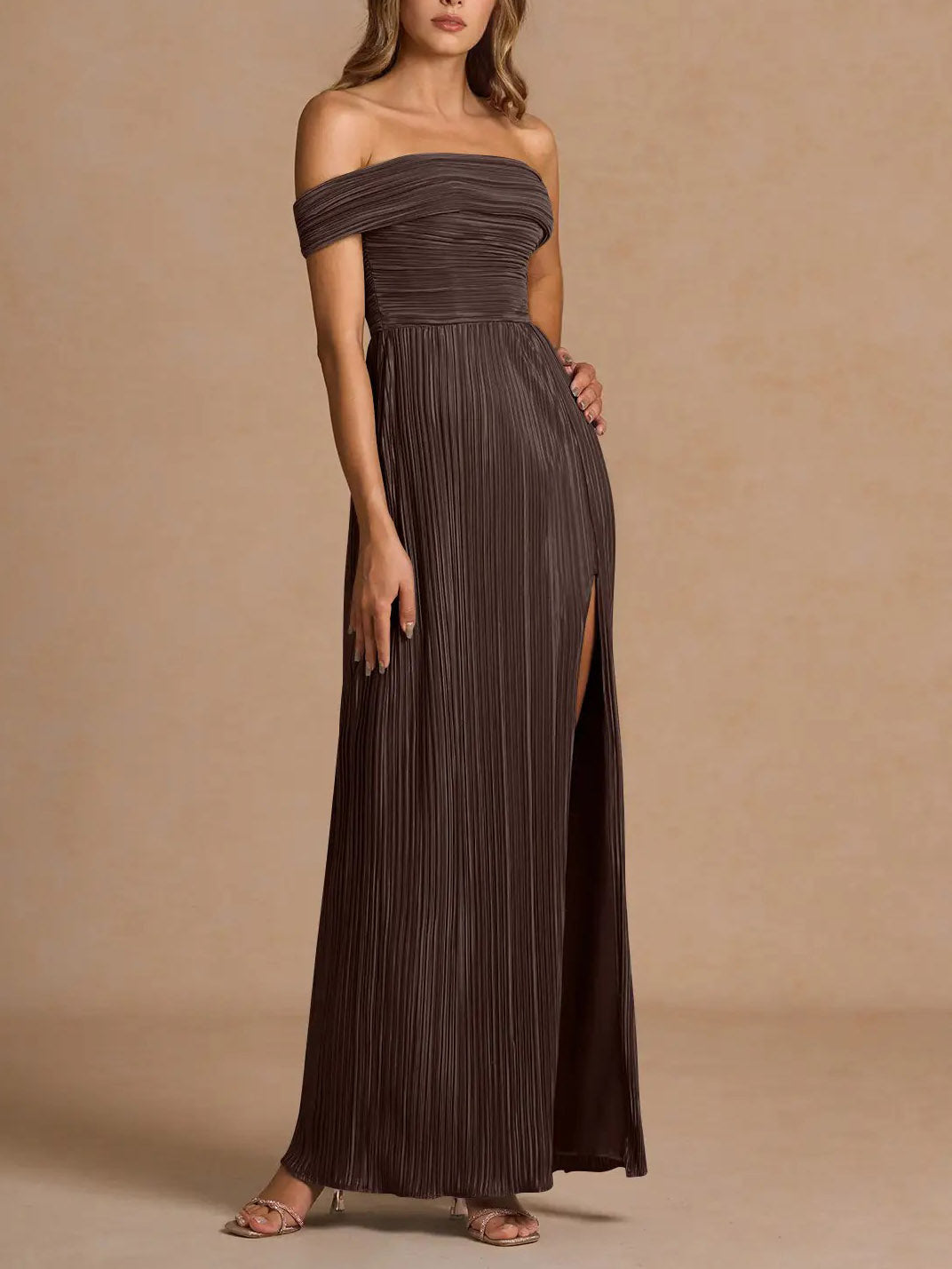 Elegant Off-The-Shoulder Pleated Slit Maxi Dress