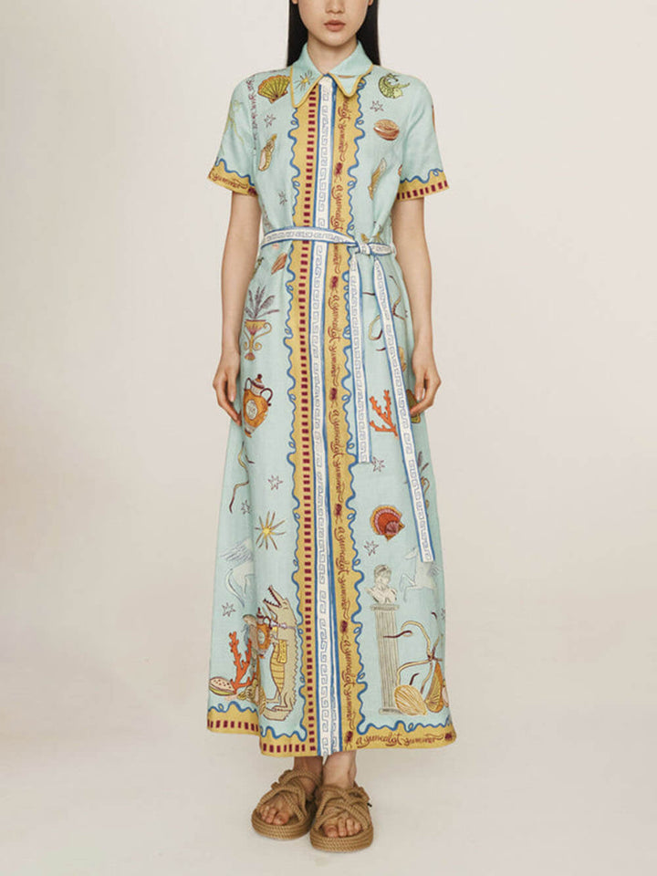 Modern Surrealist Unique Ocean Print Summer Maxi Shirtdress