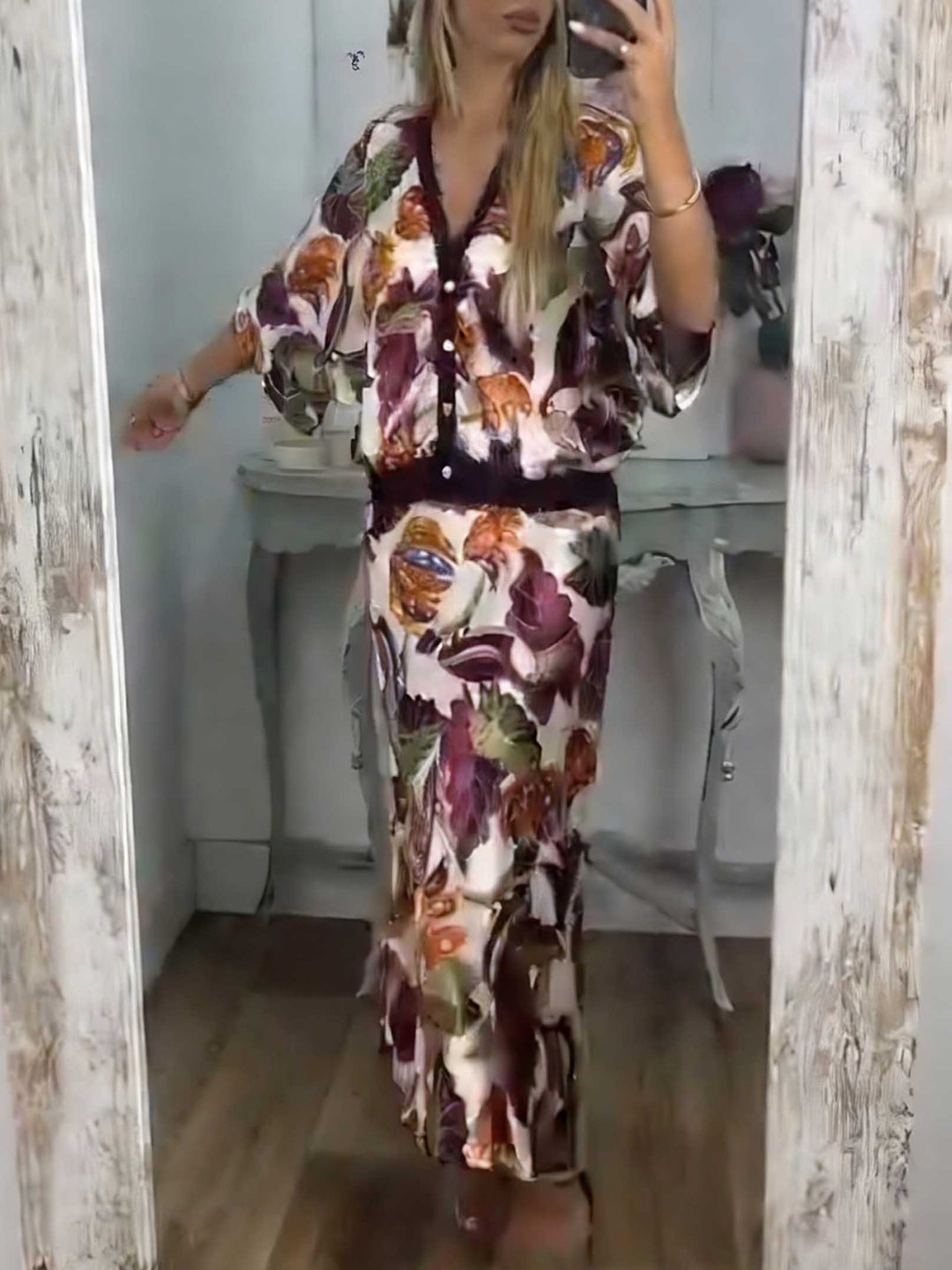 Retro Jungle Palm Leaf Satin Print Batwing Sleeve Shir