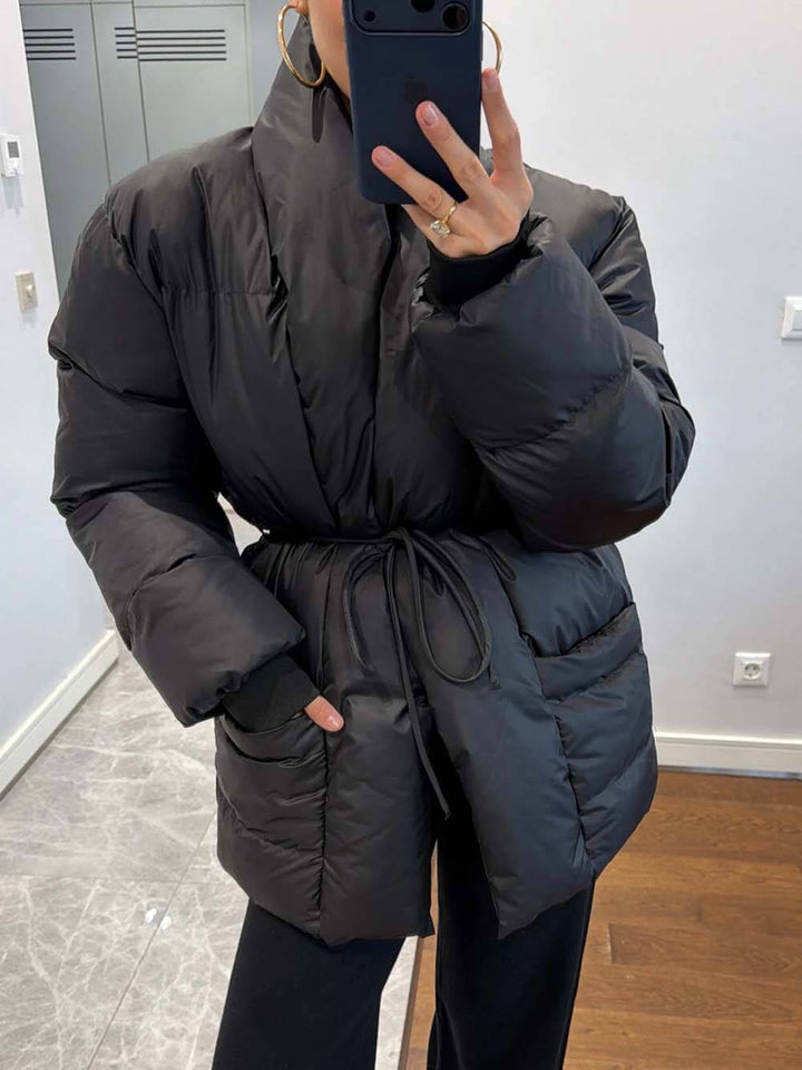 Fashion Pocket Fold-Over Puffy Lace-Up Coat