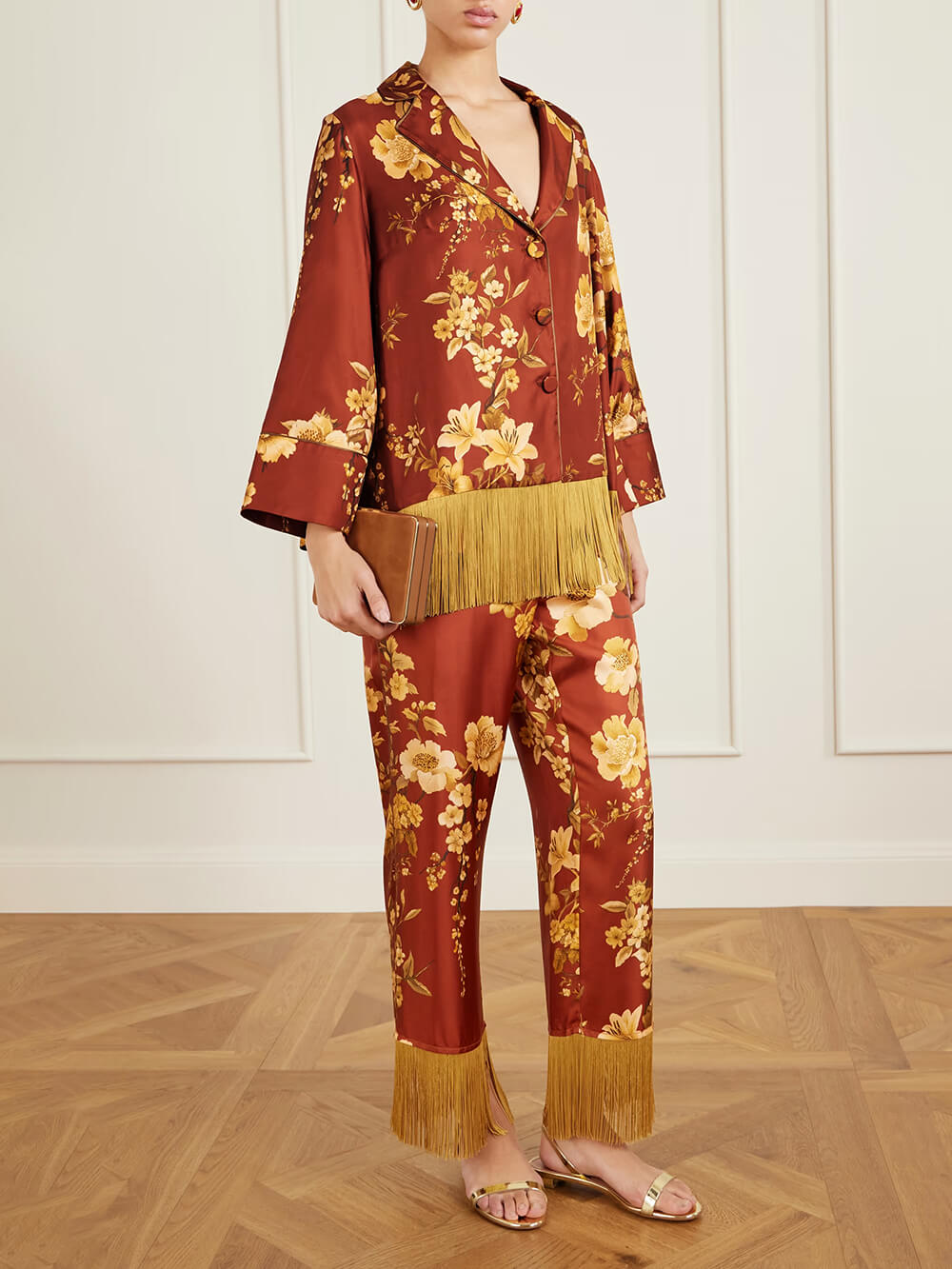 Exquisite Fringe Floral Print Satin Twill Relaxed Shirt