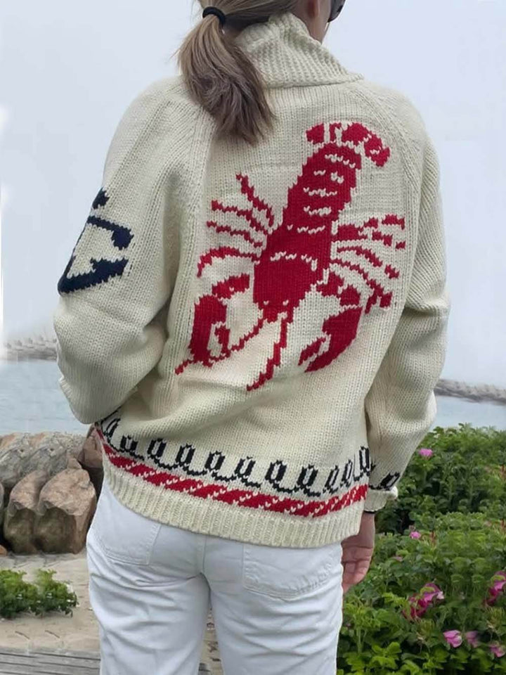 Unique Fashion Lobster Print Casual Long Sleeve Knit Cardigan