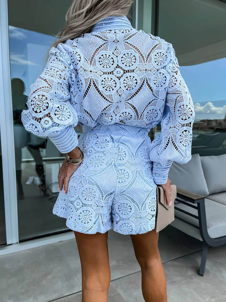 Casual Style Unique Single-Breasted Stand-Up Collar Lace Shorts Suit