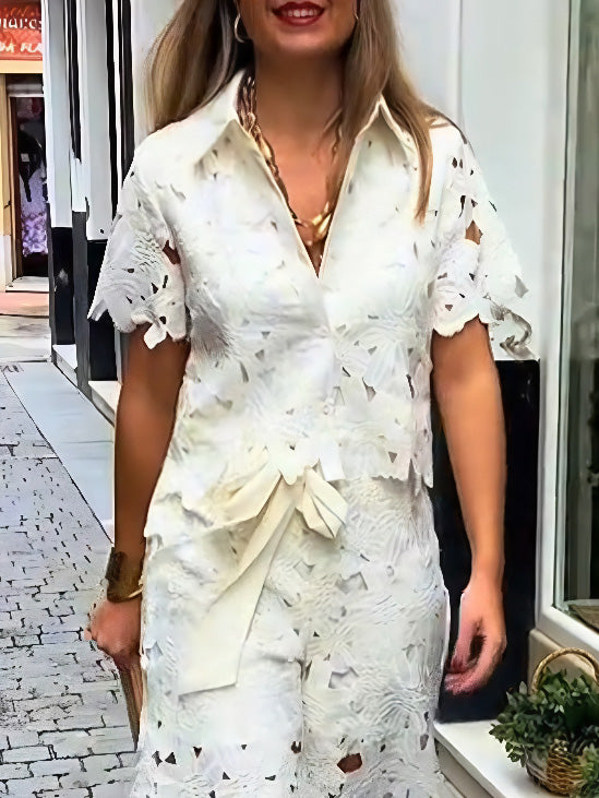 Casual Cutout Lace Shirt & Wide-Leg Pants Two-Piece Set