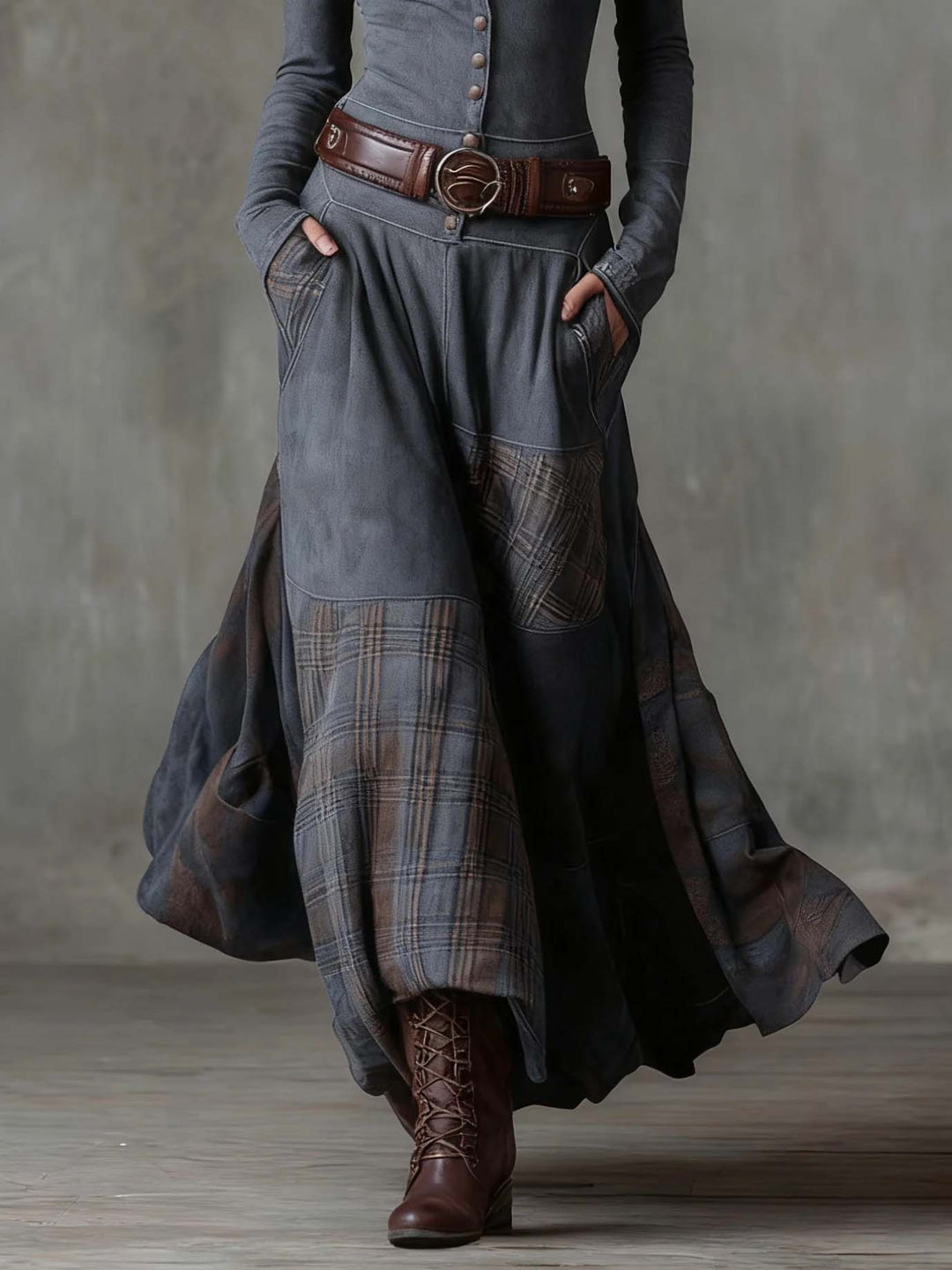 Retro Plaid Patchwork Maxi Dress