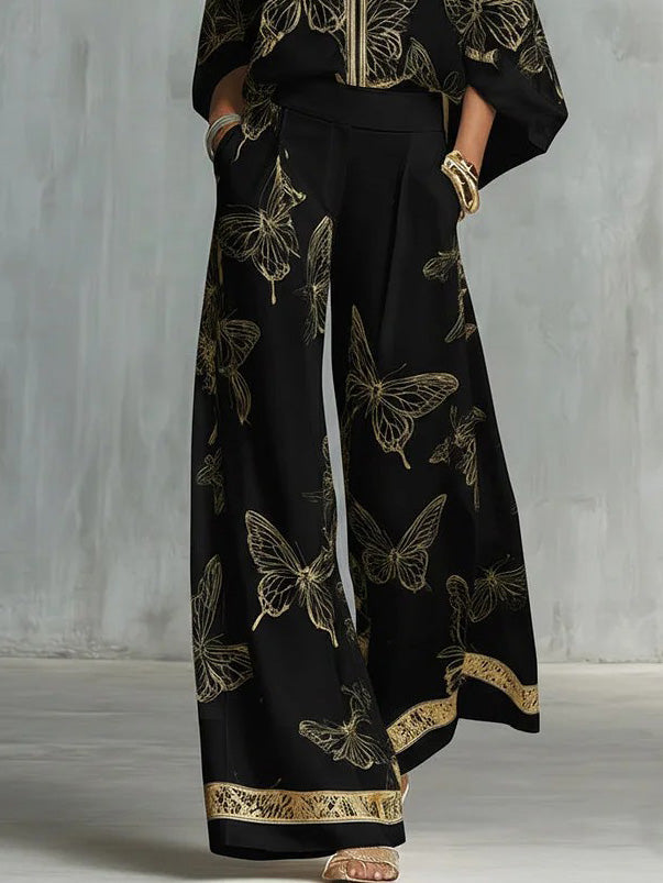 Elegant Butterfly Print Zip-Up Top & Wide Leg Pants Set