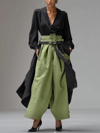 Casual V-neck Wrap-style Long Top Two-piece Set