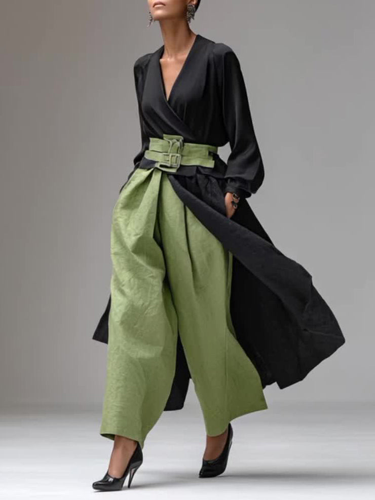 Casual V-neck Wrap-style Long Top Two-piece Set