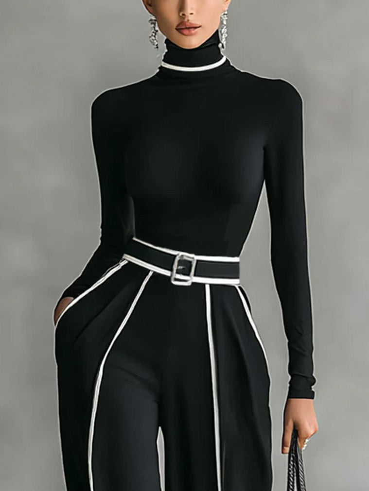 Elegant Contrast Trim High Waist Wide Leg Pants