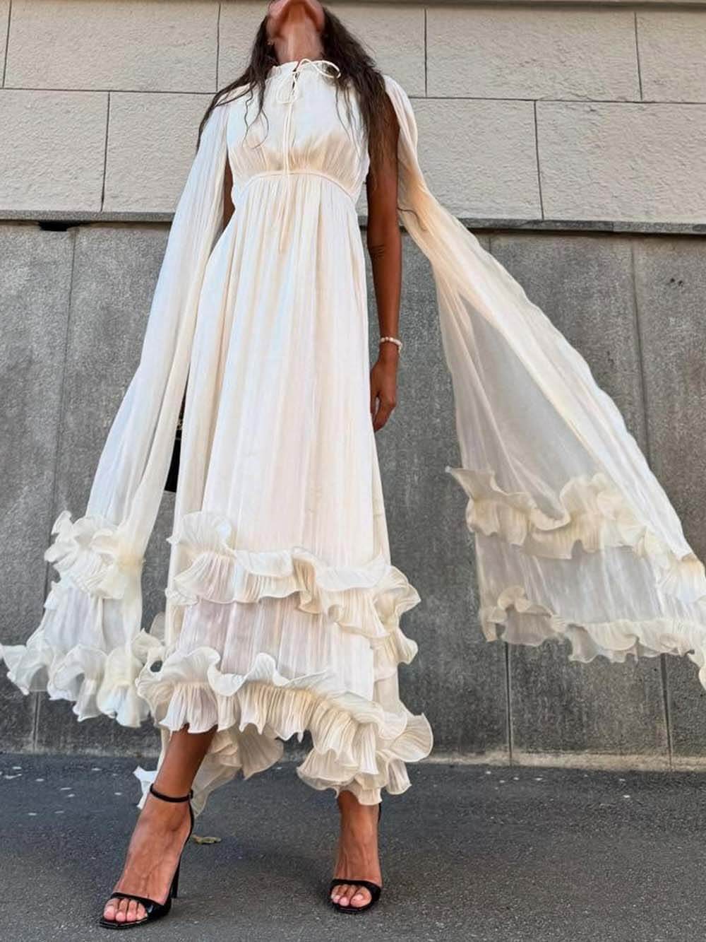 Exquisite Fashionable V-neck Lace-up Ruffled Double-layer Hem Maxi Dress