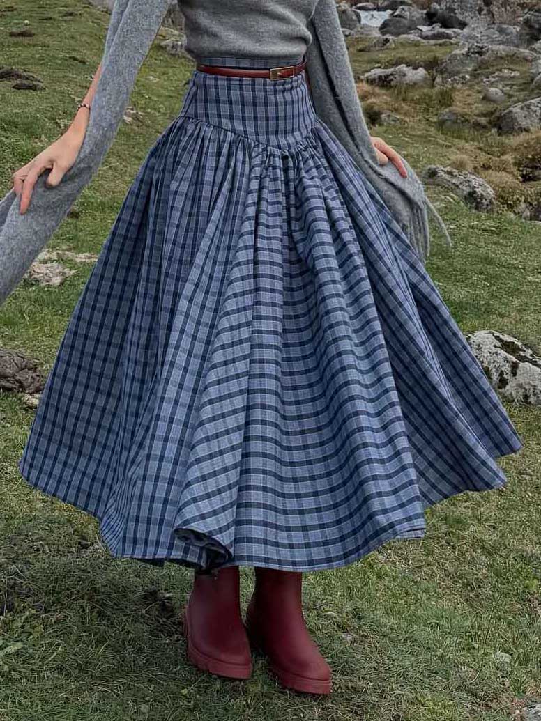 Retro Plaid Maxi Skirt Two-piece Set