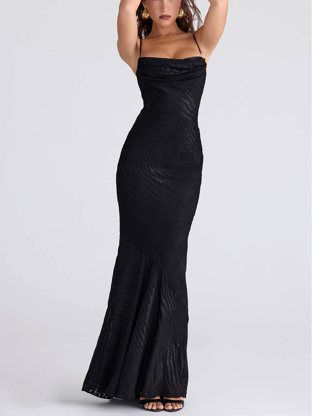 Elegant Low-Neck Burnout Satin Party Maxi Dress