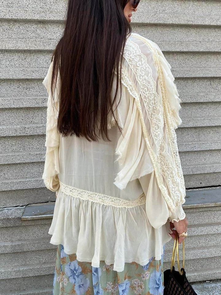 Boho Chiffon Lace Trim Ruffle Balloon Sleeve Blouse