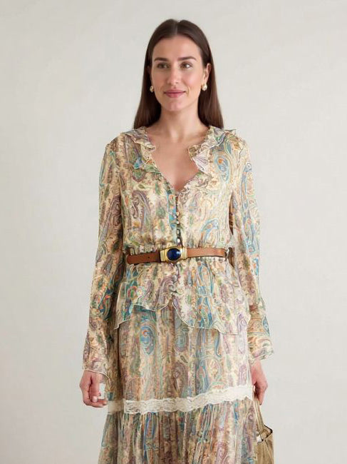 Exquisite Paisley Print Lace Trim Skirt
