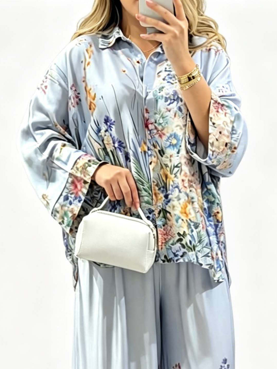 Elegant Floral Print Satin Button Shirt