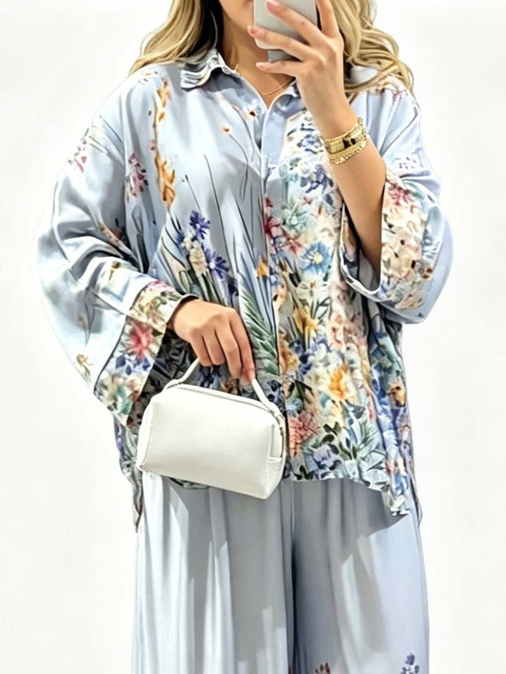 Elegant Floral Print Satin Button Shirt