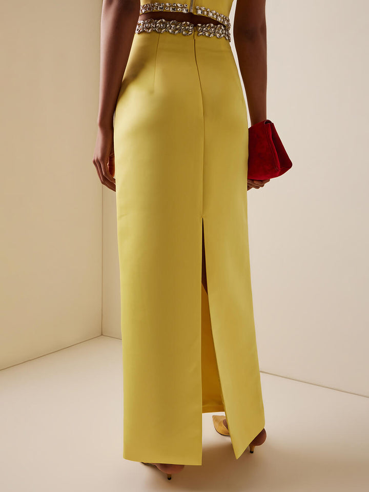 Exquisite Rhinestone-Embellished Puff Sleeve Top And Slit Maxi Skirt Set
