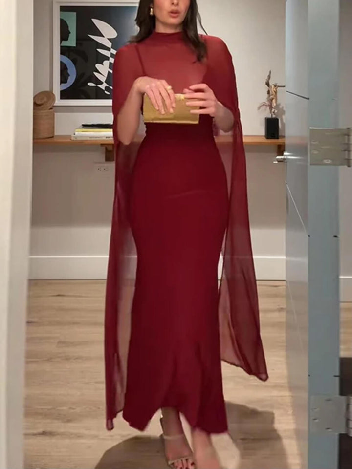 Sexy Burgundy V-neck Sleeveless Sheer Fit Shawl-Style Spaghetti Strap Maxi Dress