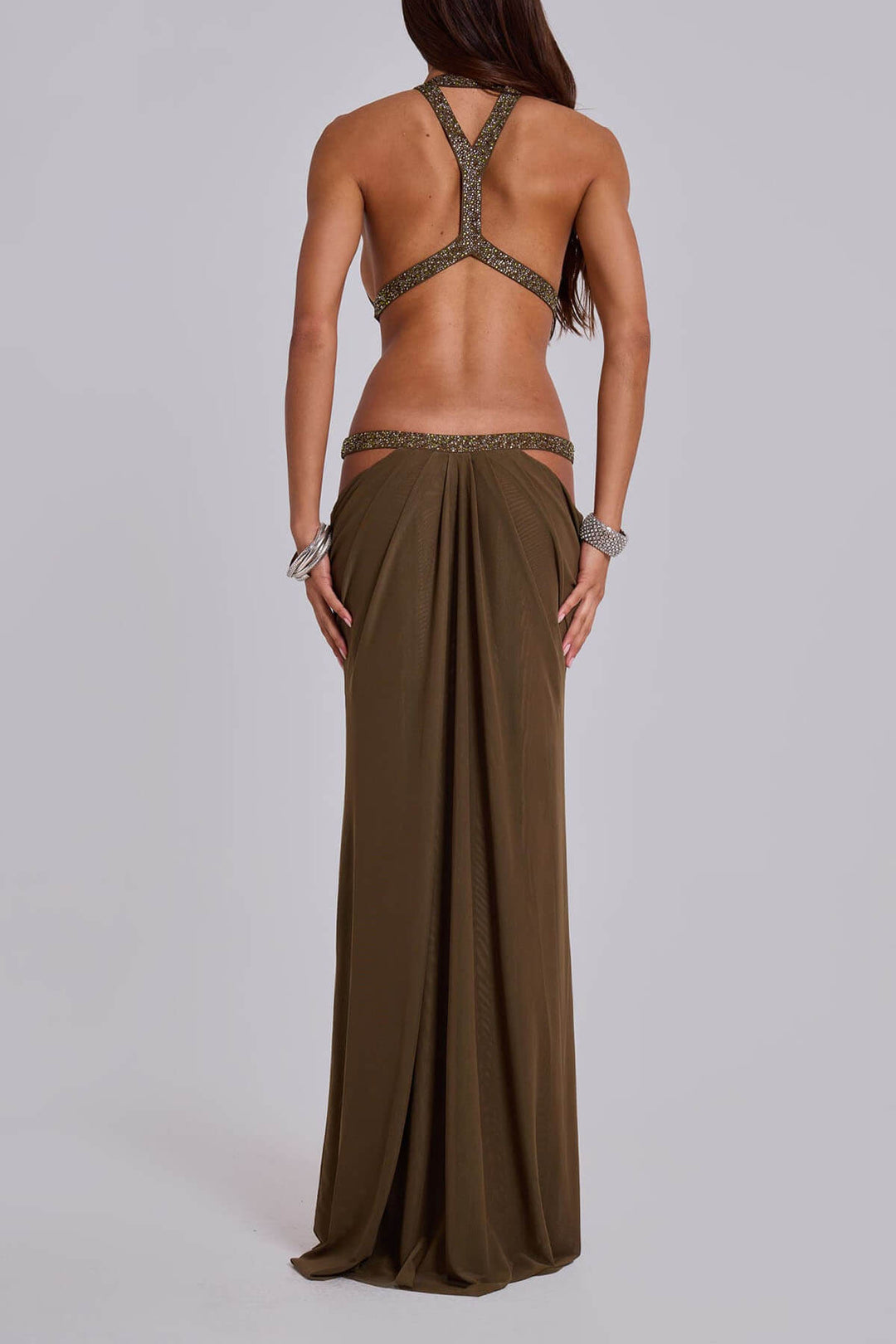 Elegant And Sexy Sequins Rhinestone Shoulder Strap Cutout Design Backless Drape Maxi Dress