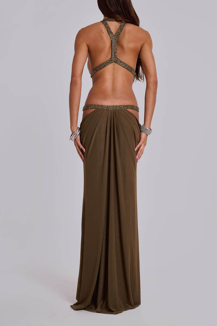 Elegant And Sexy Sequins Rhinestone Shoulder Strap Cutout Design Backless Drape Maxi Dress