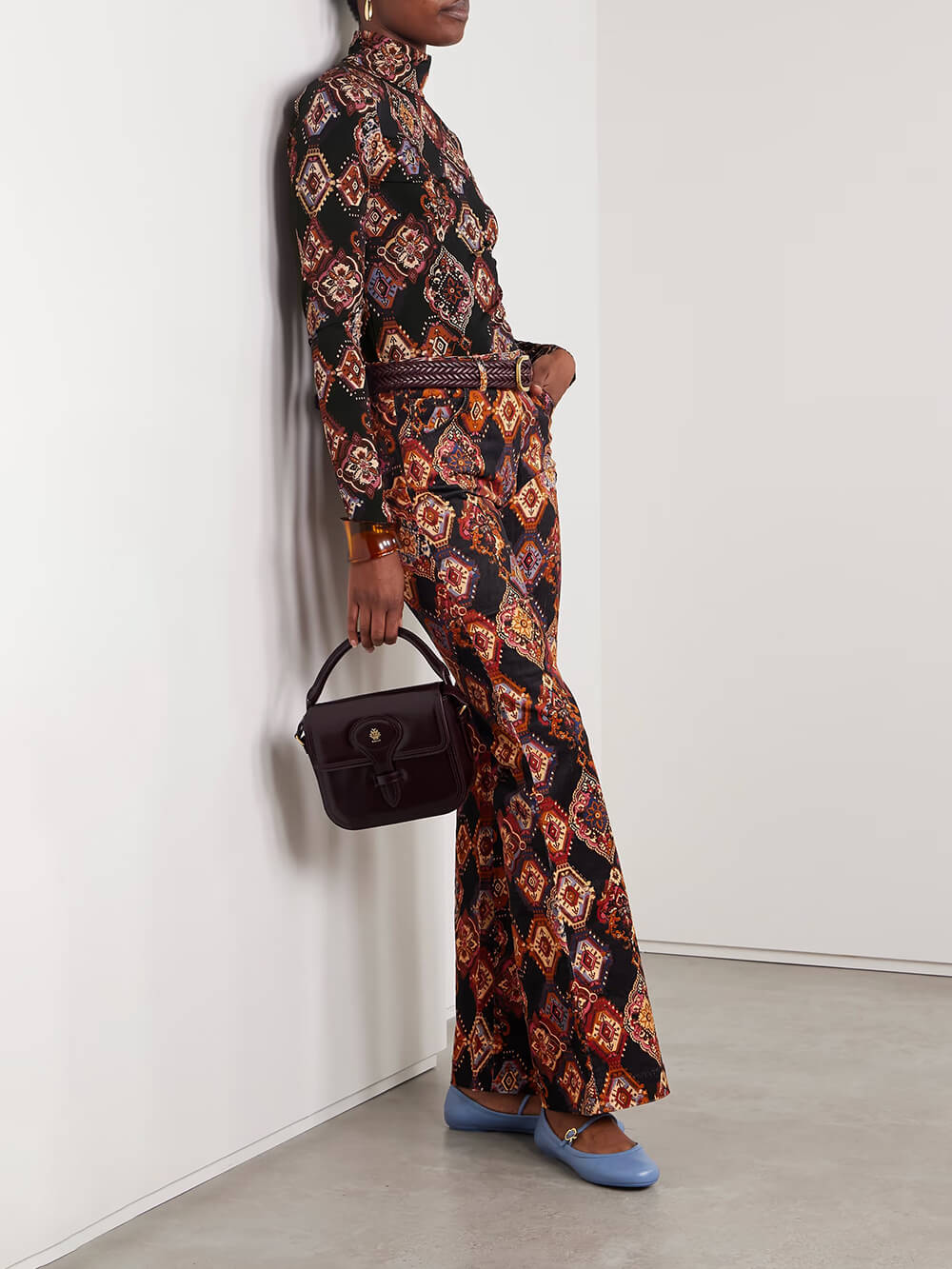 Retro Print Stretch Jersey Turtleneck Top