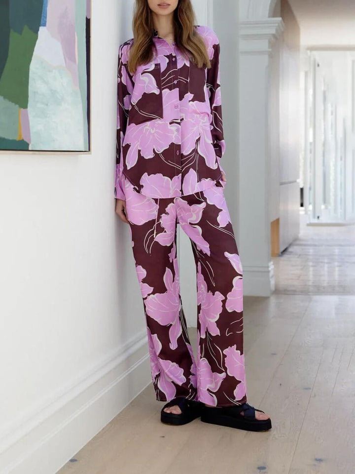 Casual Magnolia Print Asymmetric Loose Button-Up Shirt