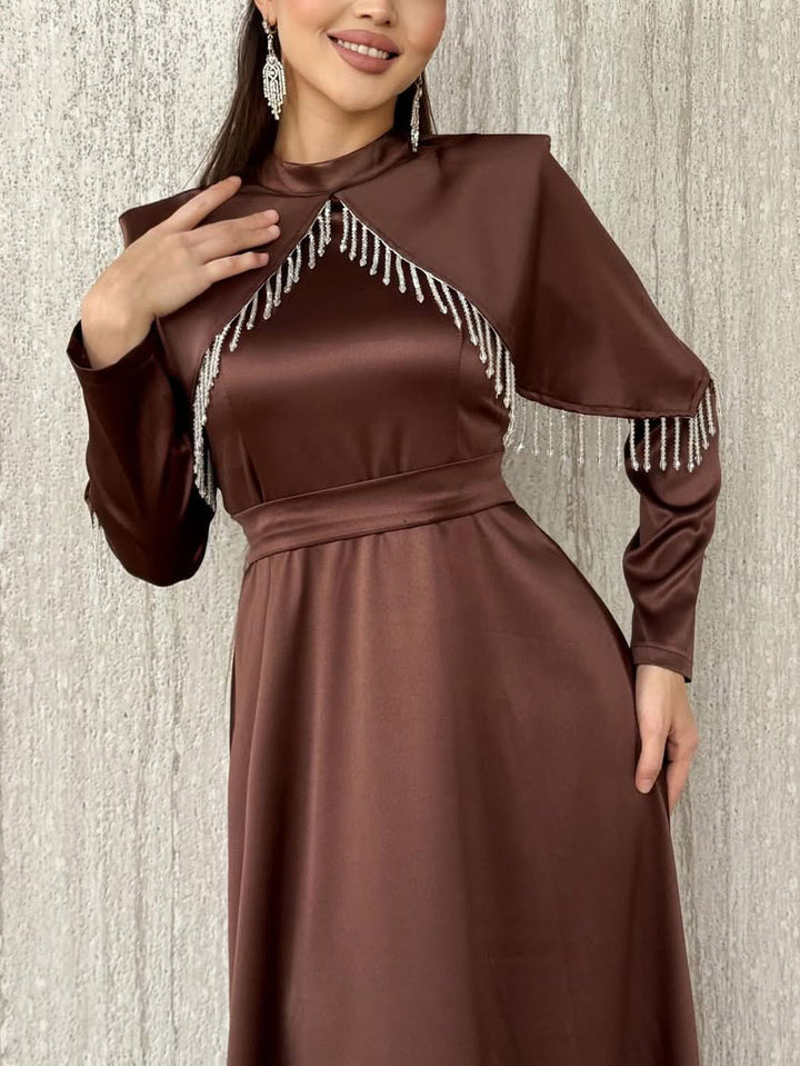 Elegant Satin Cape-Detail Long-Sleeve Maxi Dress