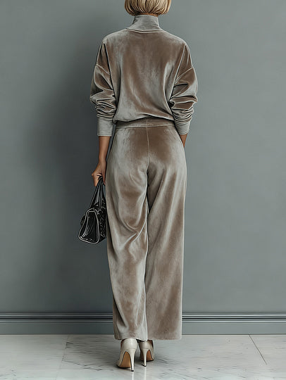 Elegant High-neck Velvet Pleated Wide-leg Pants Two-piece Set