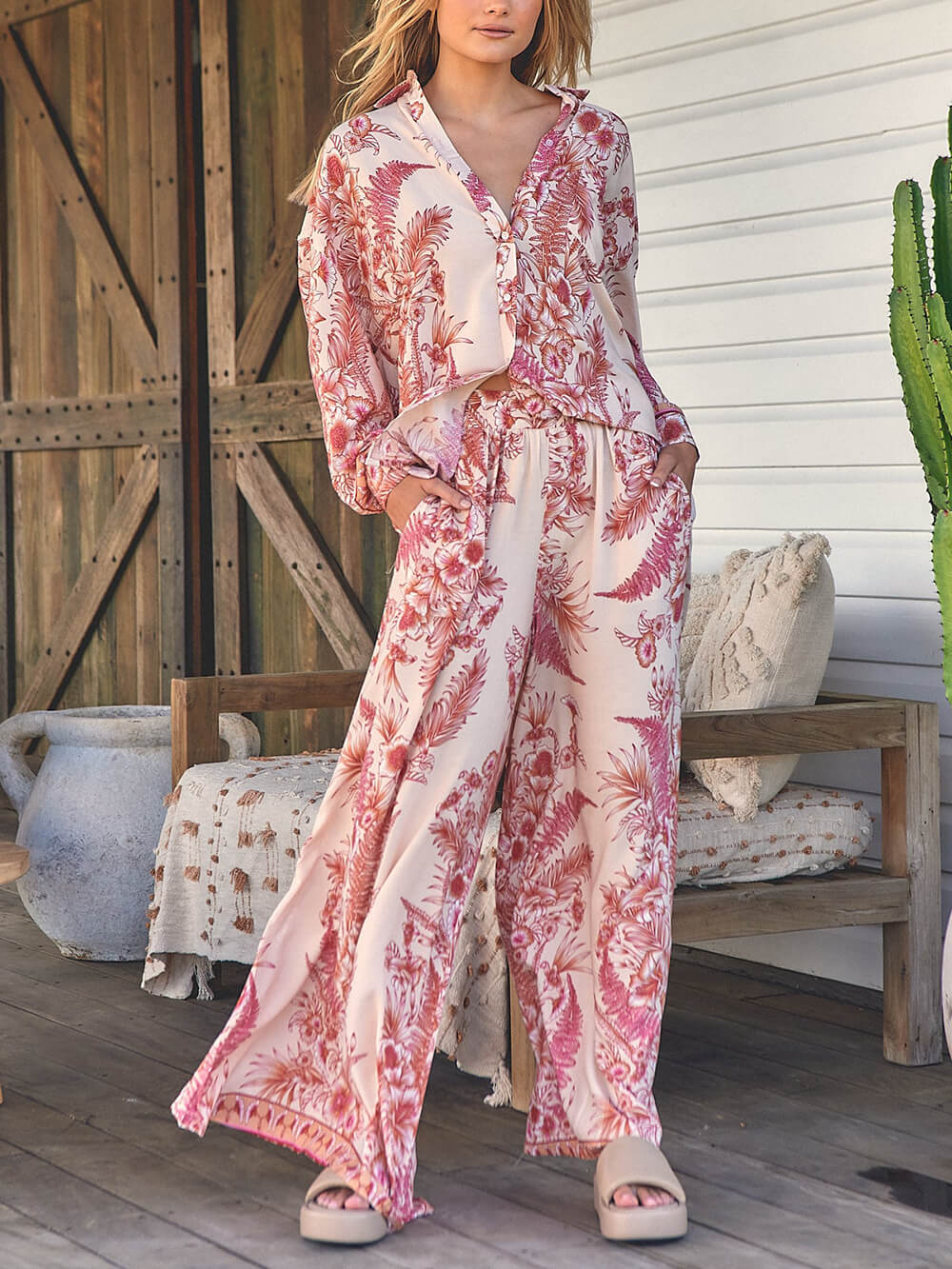 Warm Holiday Floral Printed Loose Button Oversized Shirt