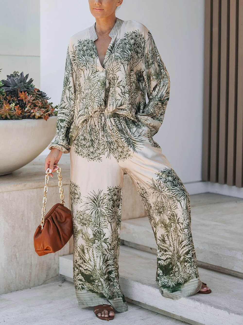 Casual Palm Leaf Print Loose-fitting Shirt