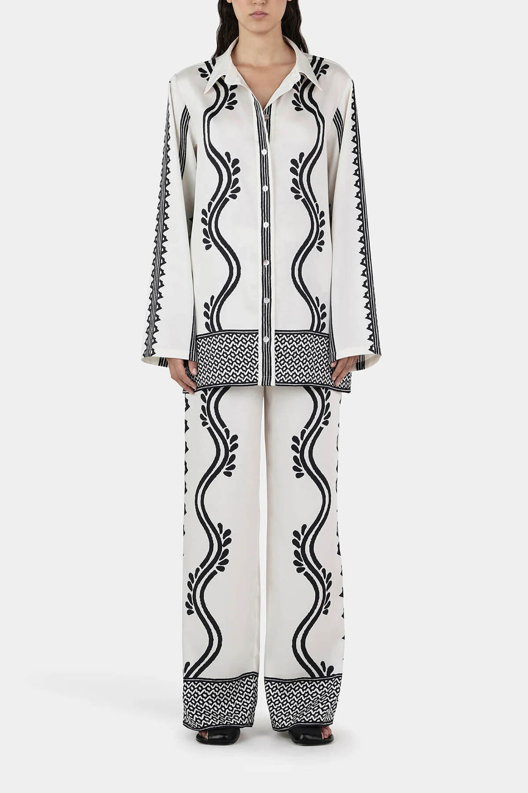 Retro Geometric Wave Print Elastic Drawstring Straight Leg Trousers