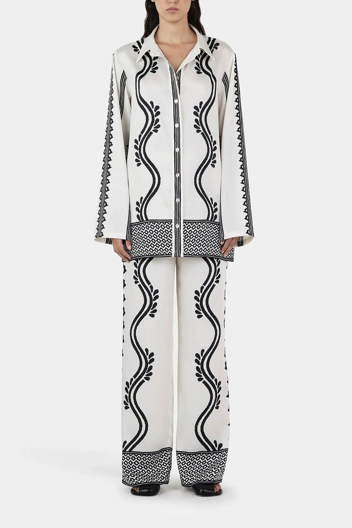 Retro Geometric Wave Print Loose Button-Down Shirt