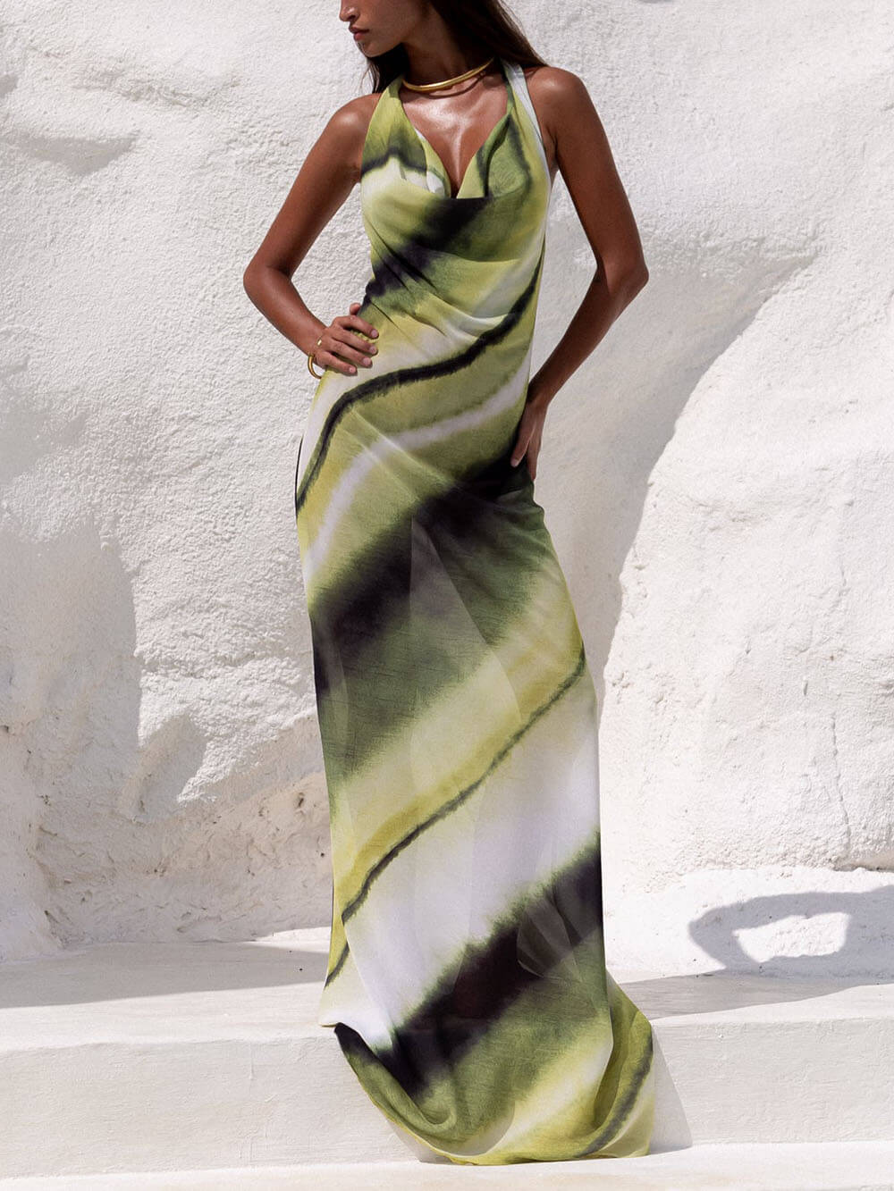 Classic Tie-Dye Gradient Printed Cowl Neck Halter Tie-up Vacation Maxi Dress