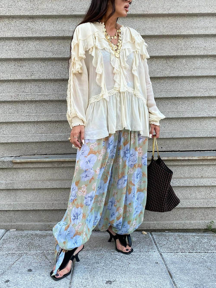 Boho Chiffon Lace Trim Ruffle Balloon Sleeve Blouse