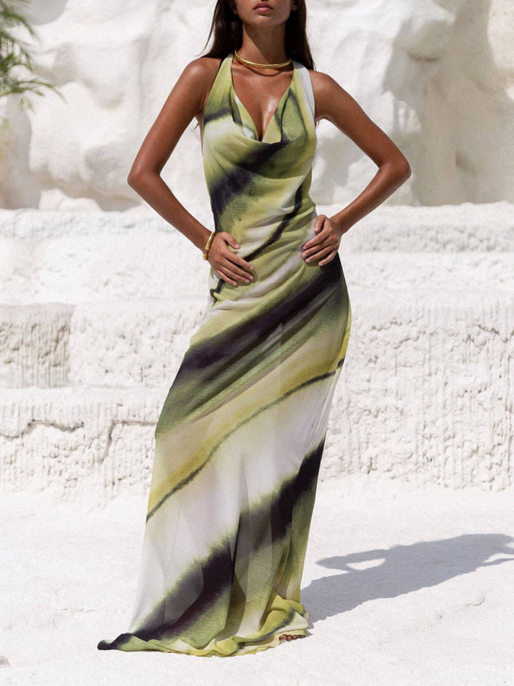 Classic Tie-Dye Gradient Printed Cowl Neck Halter Tie-up Vacation Maxi Dress