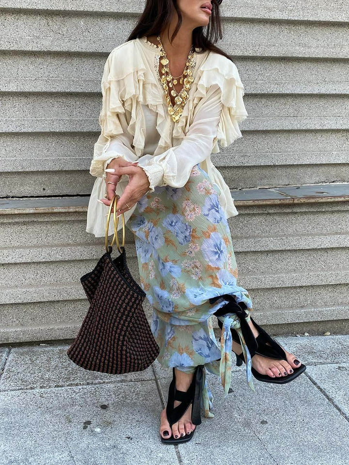 Boho Chiffon Lace Trim Ruffle Balloon Sleeve Blouse