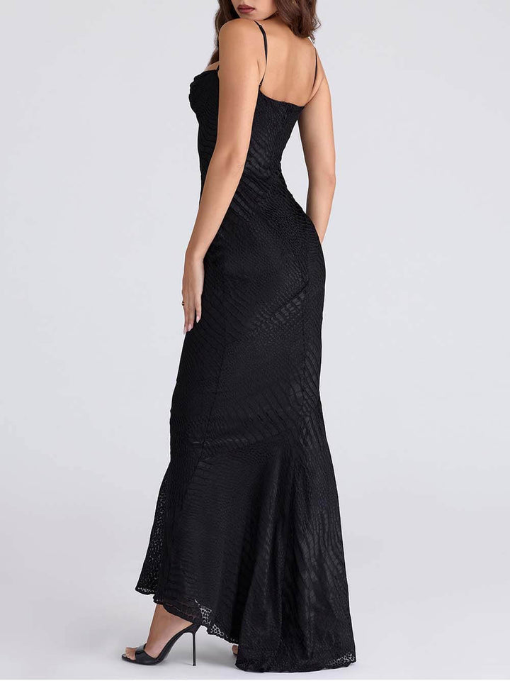 Elegant Low-Neck Burnout Satin Party Maxi Dress