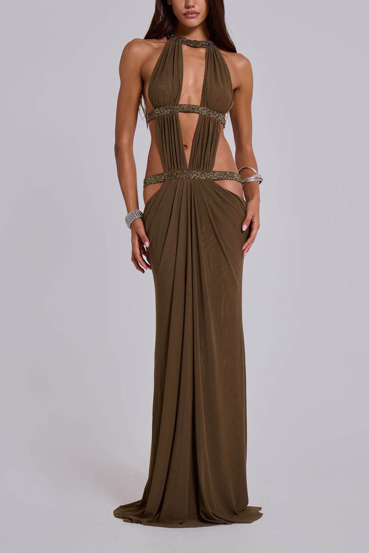 Elegant And Sexy Sequins Rhinestone Shoulder Strap Cutout Design Backless Drape Maxi Dress