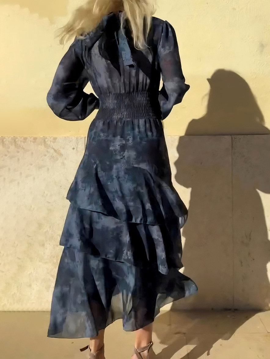 Exquisite Gradient Floral Print Layered Ruffle Maxi Dress