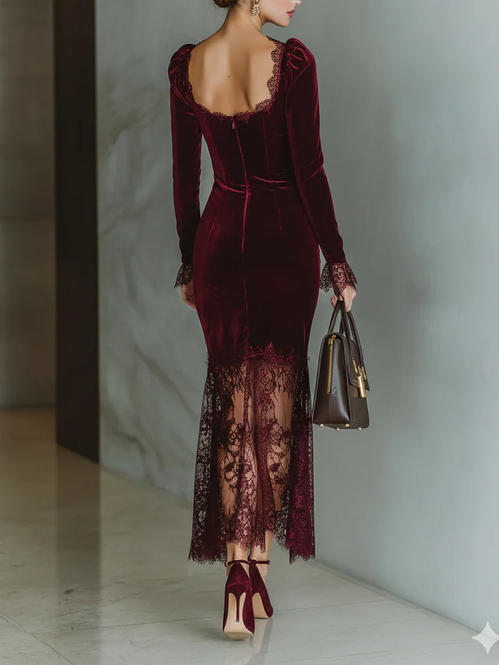 Elegant High-neck Velvet Lace Maxi Dress