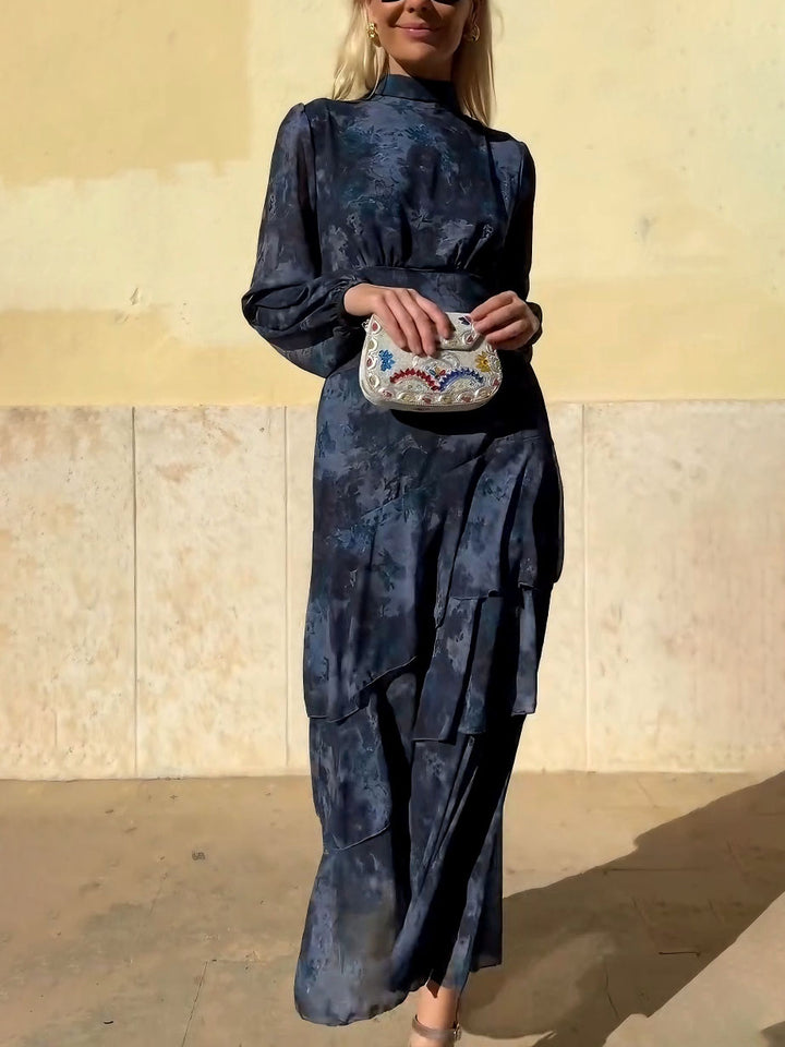 Exquisite Gradient Floral Print Layered Ruffle Maxi Dress