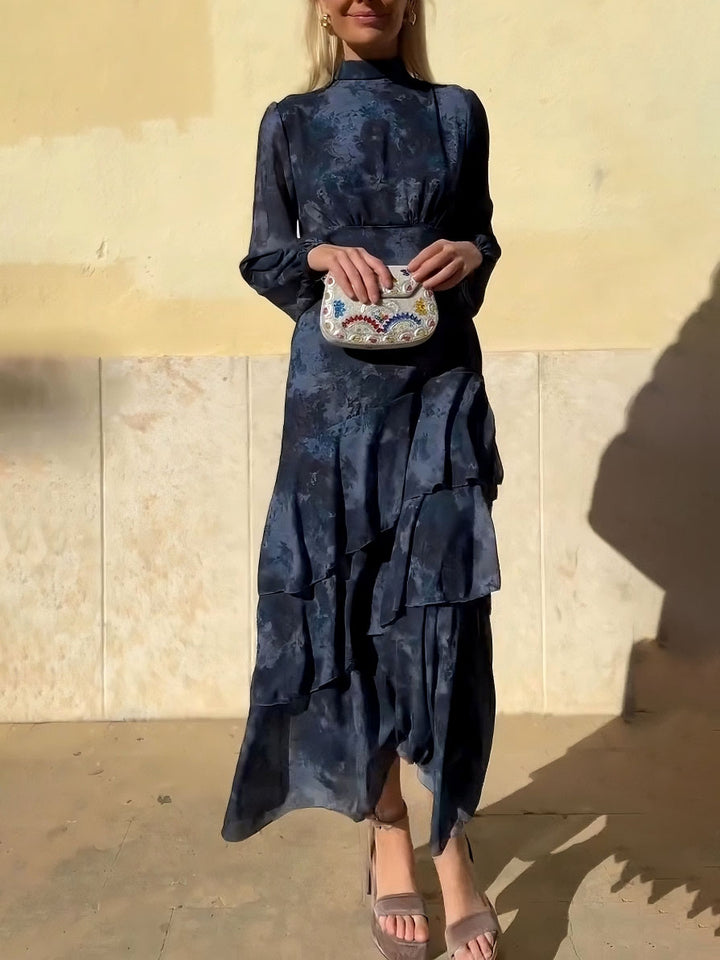 Exquisite Gradient Floral Print Layered Ruffle Maxi Dress