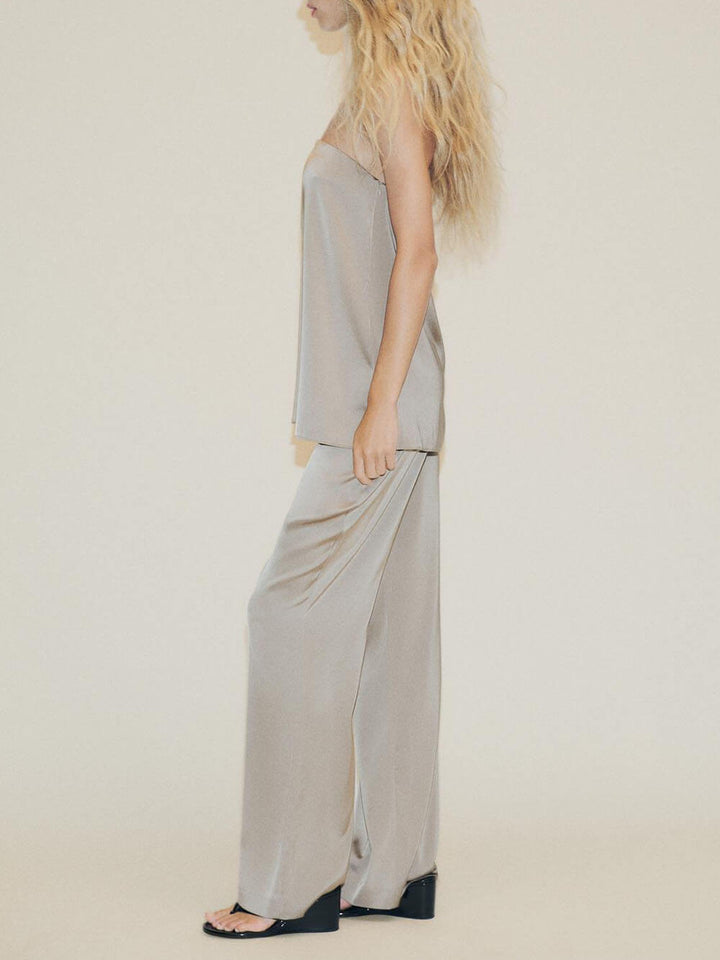 Elegant Satin Elastic-Waist Straight-Leg Pants