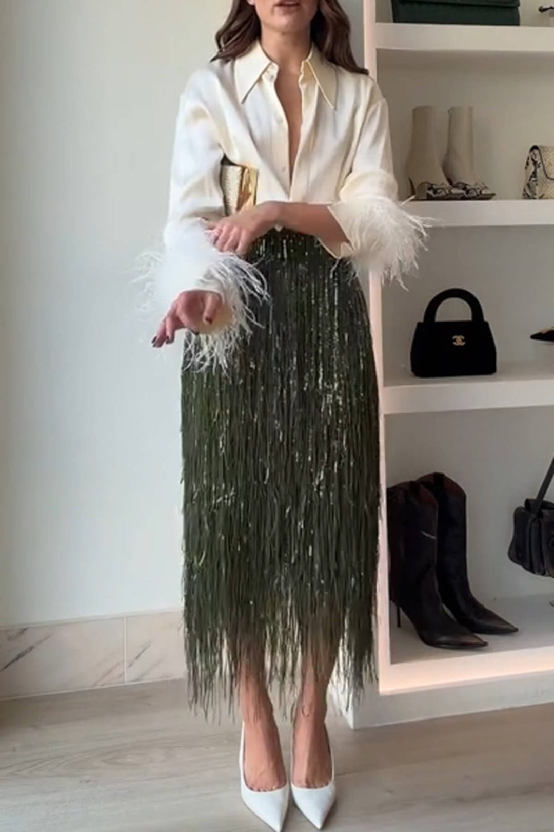 Exquisite Feather-Trim Button-Up Shirt And Sequin Fringe Skirt Set