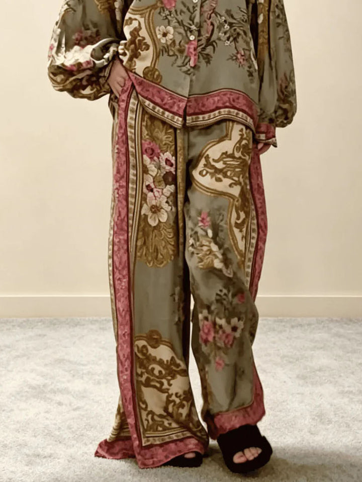 Retro Floral Baroque Print Satin Shirt & Wide-Leg Pants Set
