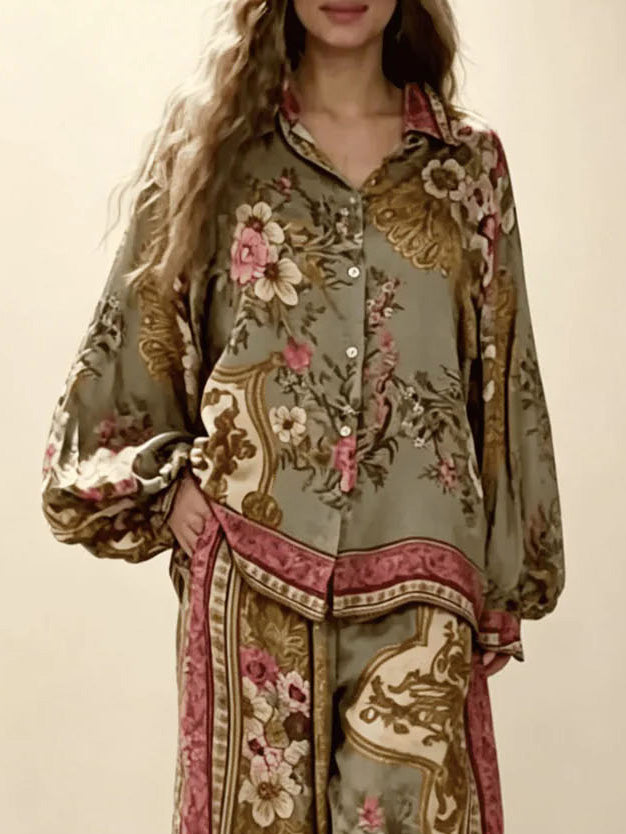 Retro Floral Baroque Print Satin Wide-Leg Pants