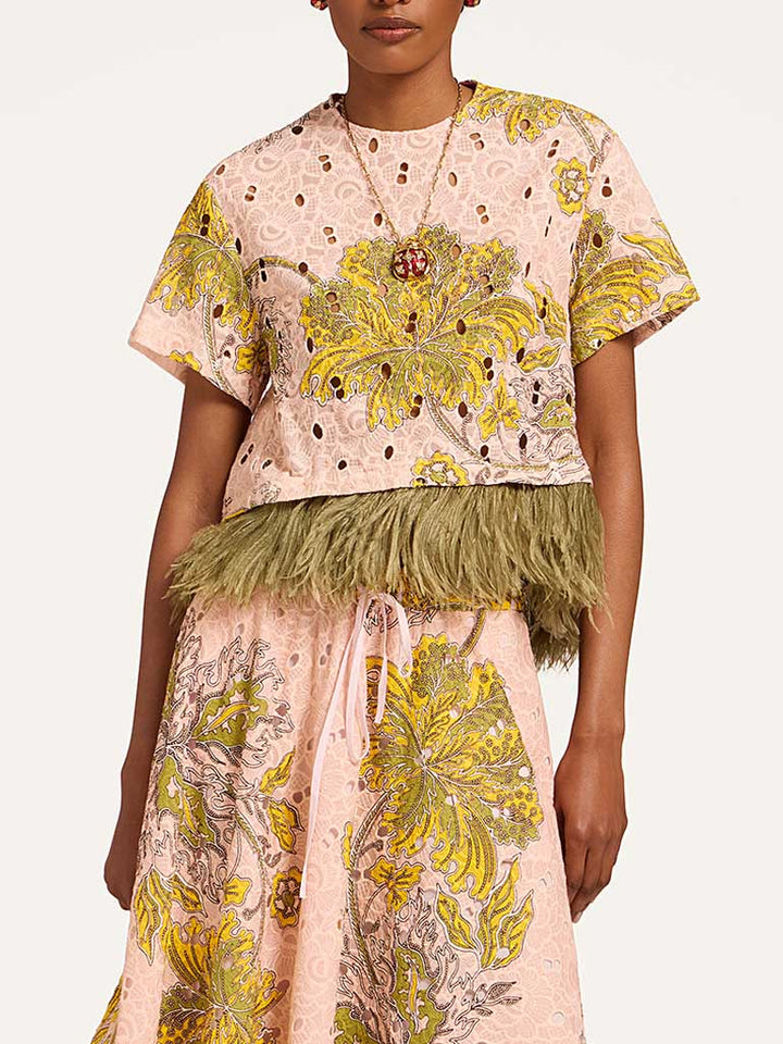 Elegant Paisley Print Feather Trim Top