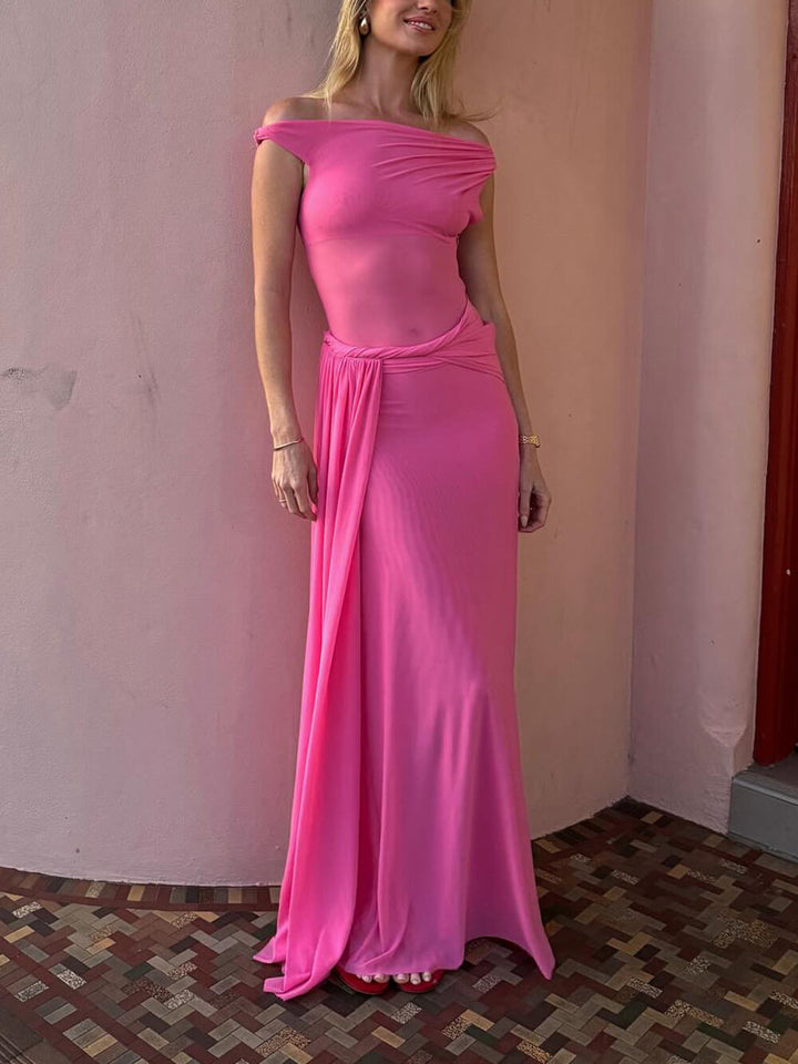 Elegant And Sexy Draped Silhouette Mesh Maxi Dress